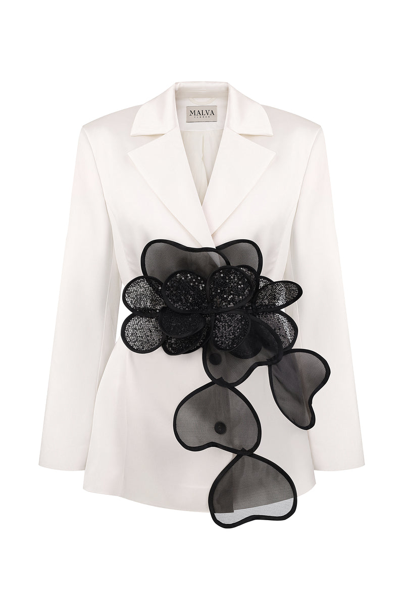 CLASSIC JACKET WITH FLORAL APPLIQUÉS IN IVORY - CULT MIA