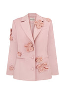 Malva Florea classic hourglass jacket with crochet floral appliqués in powder color, stylish outerwear with detailed floral embroidery.