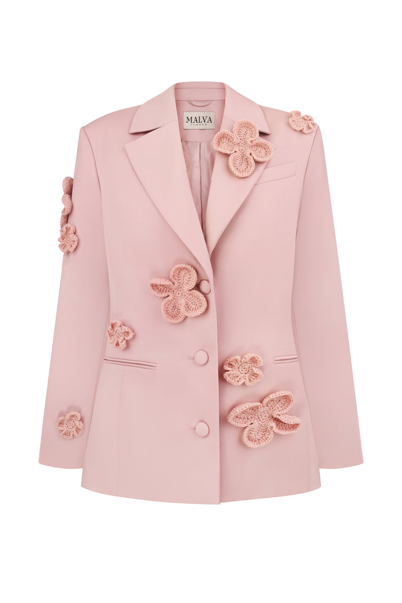 Malva Florea classic hourglass jacket with crochet floral appliqués in powder color, stylish outerwear with detailed floral embroidery.