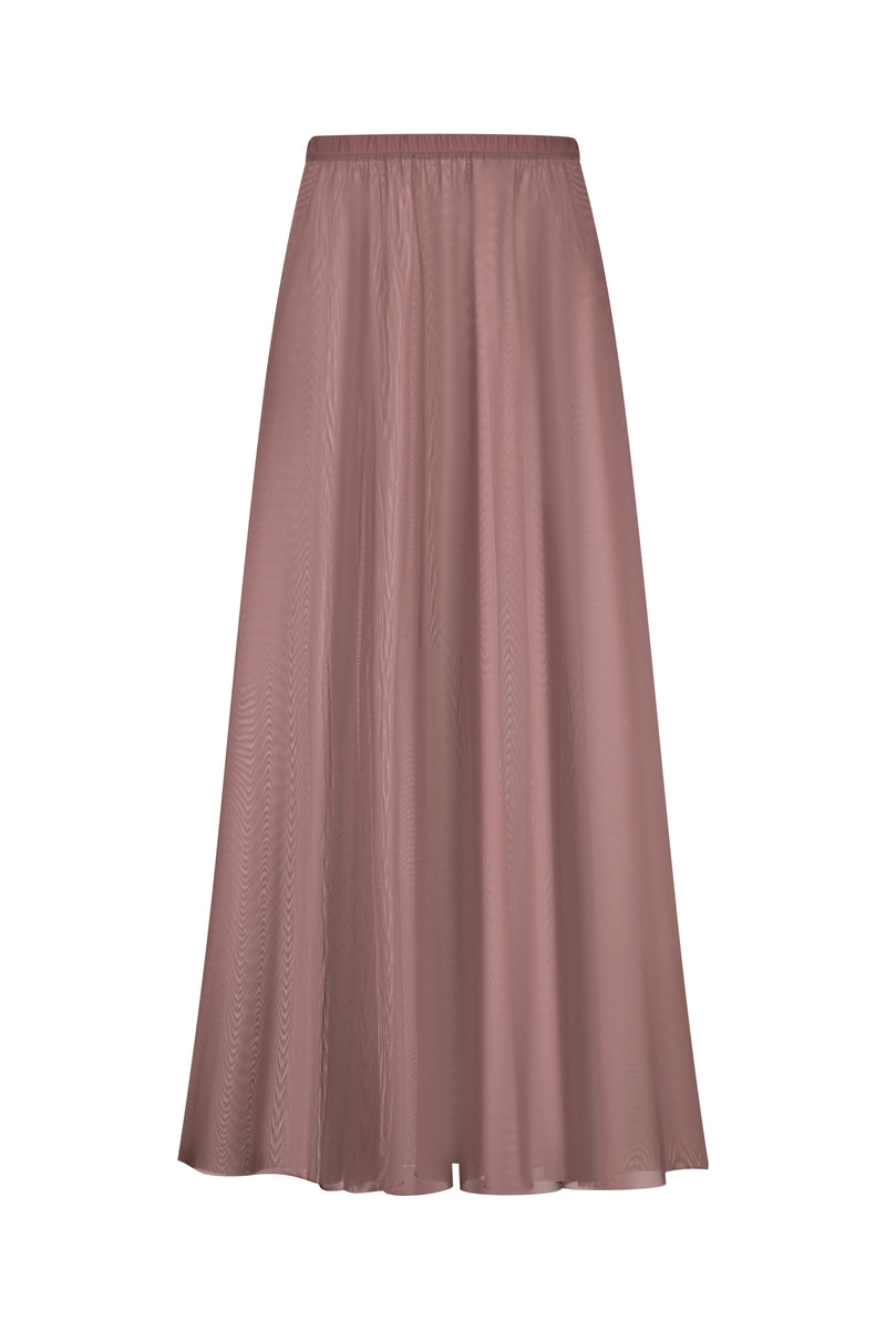 Dark purple flowy mesh maxi skirt by Malva Florea, featuring a lightweight, airy design with a relaxed fit.