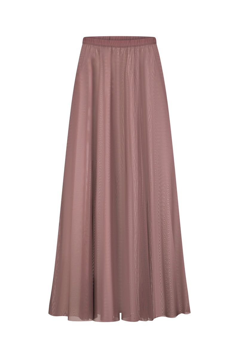 Dark purple flowy mesh maxi skirt by Malva Florea, featuring lightweight, breathable fabric and a flowing silhouette.