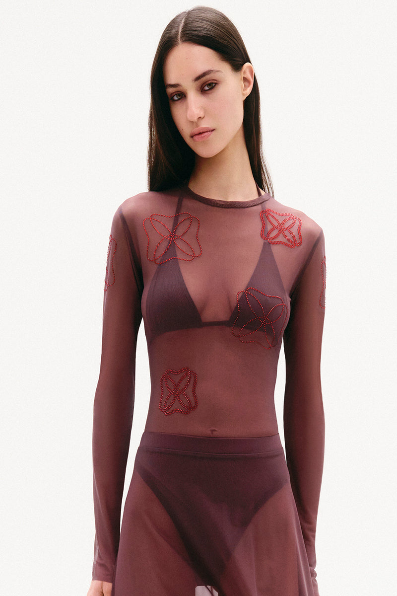 Dark purple flowy mesh maxi skirt by Malva Florea, featuring a lightweight, flowing design perfect for elegant styles.