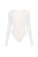 Back view of MALVA FLOREA long-sleeved sheer bodysuit, lightweight and fitted tops with delicate see-through fabric.
