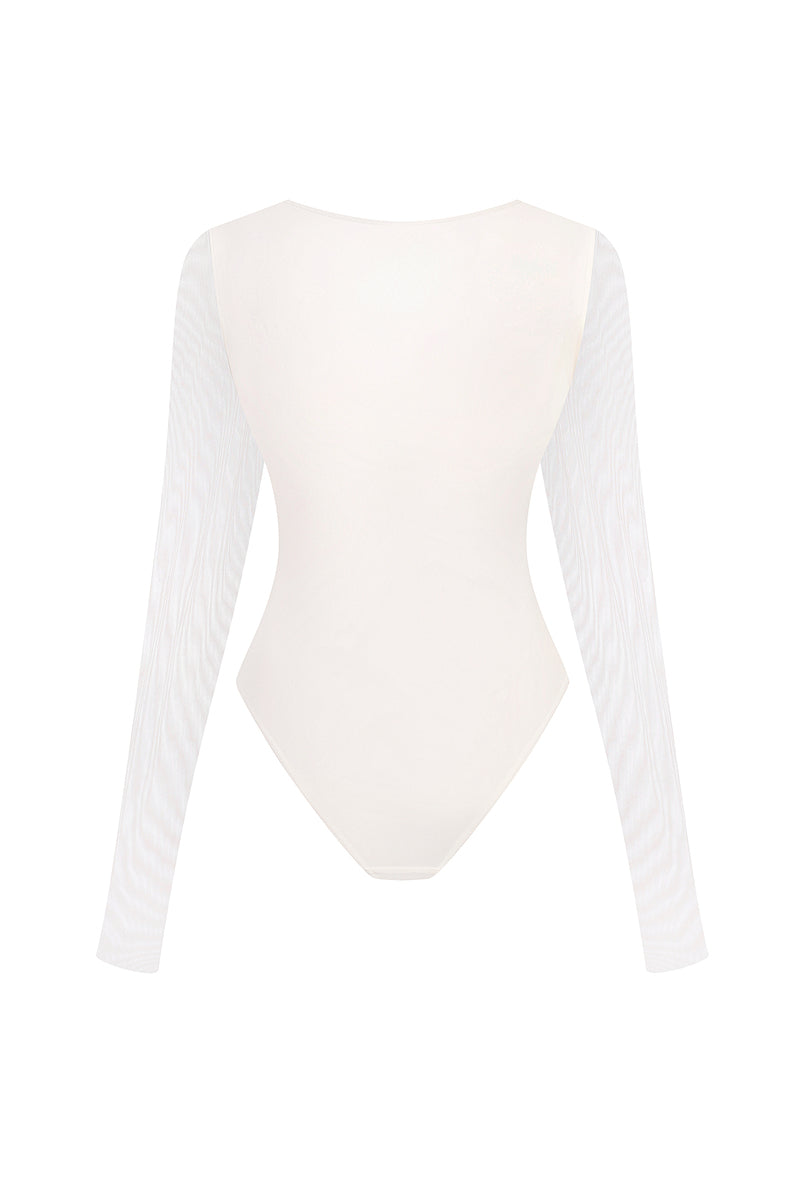 Back view of MALVA FLOREA long-sleeved sheer bodysuit, lightweight and fitted tops with delicate see-through fabric.