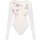 Long-sleeved sheer bodysuit from Malva Florea featuring a fitted design and delicate, transparent fabric.