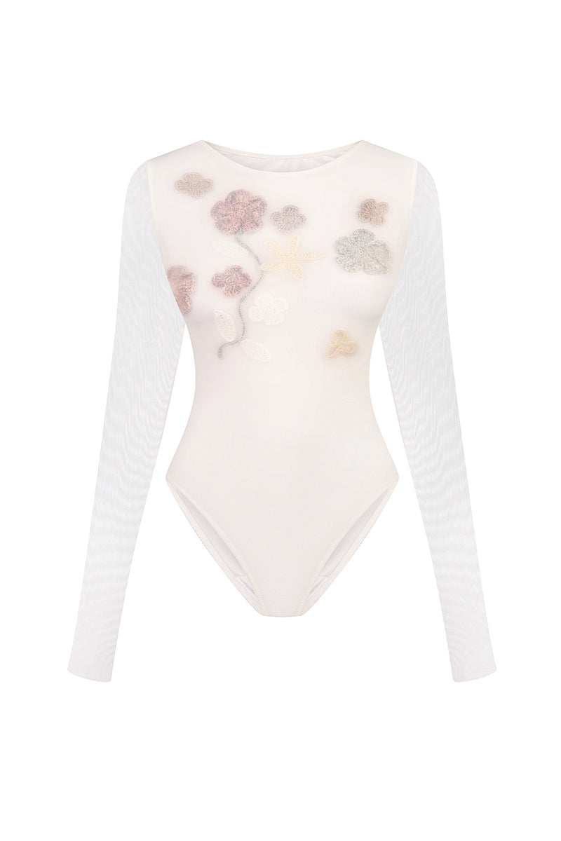 Long-sleeved sheer bodysuit from Malva Florea featuring a fitted design and delicate, transparent fabric.
