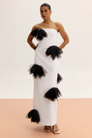 White strapless column maxi dress by Malva Florea, featuring a sleek, elegant silhouette perfect for formal occasions.