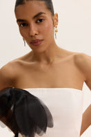 White strapless column maxi dress by Malva Florea, elegant long dress with a fitted bodice and flowing silhouette.