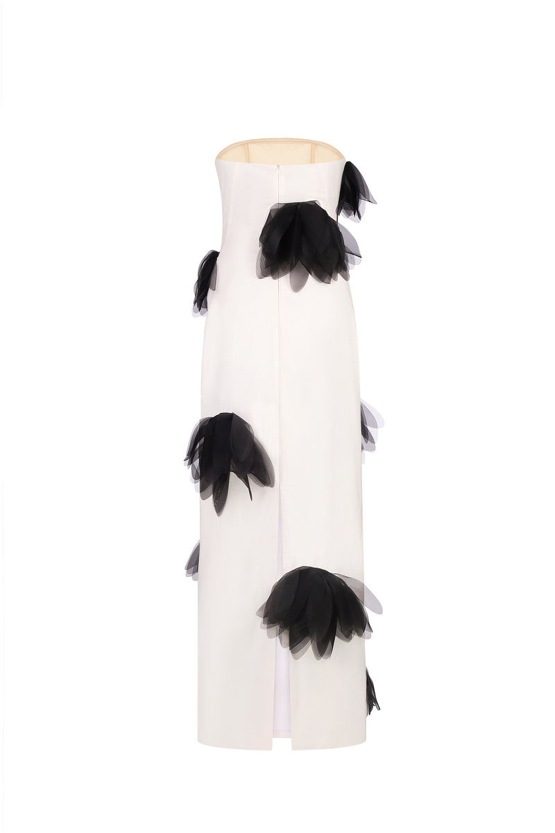 Back view of a white strapless column maxi dress by Malva Florea, featuring a sleek, fitted silhouette and elegant design.