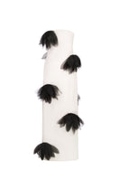 White strapless column maxi dress by Malva Florea displayed from the front view. Elegant, floor-length evening wear for formal occasions.