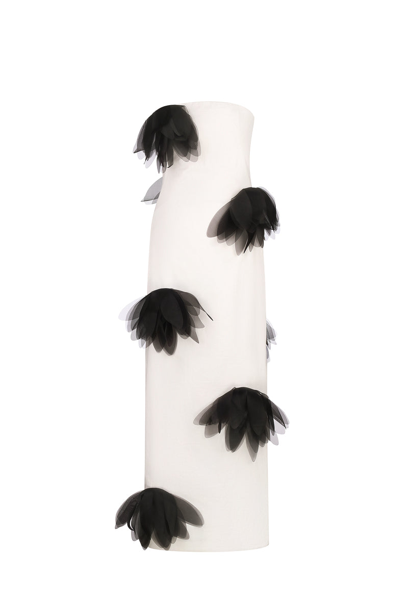 White strapless column maxi dress by Malva Florea displayed from the front view. Elegant, floor-length evening wear for formal occasions.