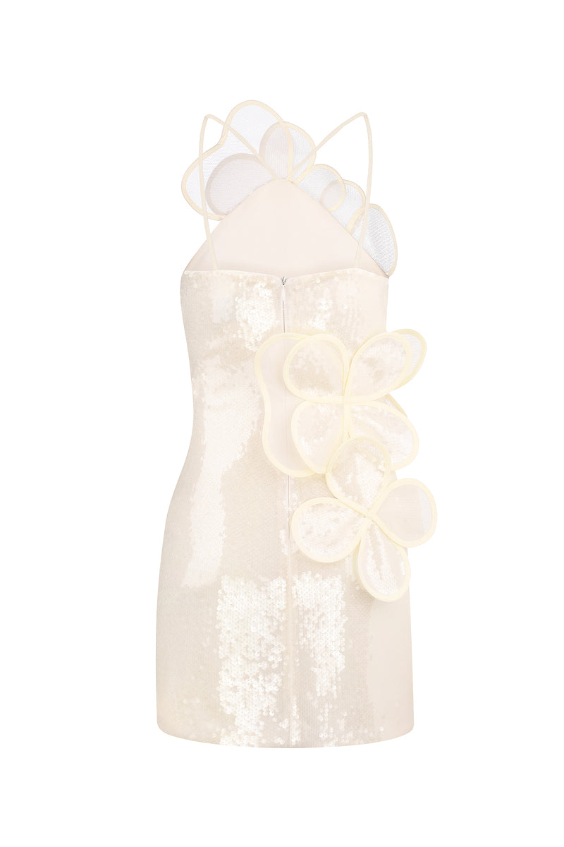 Back view of MALVA FLOREA sequin mini dress with long sleeves and vibrant yellow color, showcasing its stylish design.