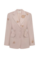 Relaxed fit floral detail blazer by Malva Florea, front view showcasing lightweight jacket with floral accents and tailored design.