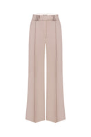 Front view of MALVA FLOREA bias-cut pants with a high waist and flowing fabric in a neutral color.