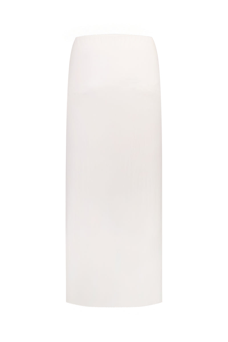 Back view of a white high-waisted midi column skirt by Malva Florea, showcasing its sleek, tailored silhouette.
