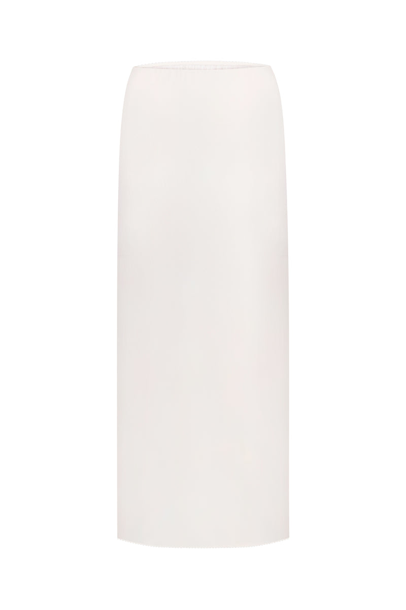 White high-waisted column midi skirt by Malva Florea, front view showcasing sleek, fitted silhouette and elegant design.