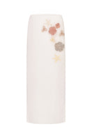White high-waisted embellished pencil midi skirt by Malva Florea, front view showcasing intricate detailing and tailored fit.