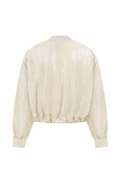 Beige sequined blazer by Malva Florea featuring a tailored fit and elegant design, shown on a white background.
