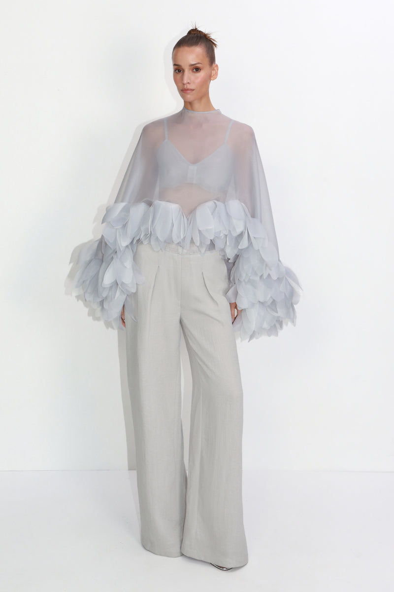 SHEER CAPE WITH HAND-APPLIED FLORAL PETALS IN GRAY