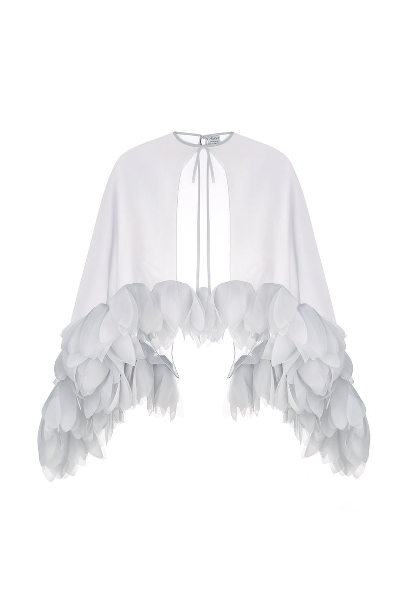 SHEER CAPE WITH HAND-APPLIED FLORAL PETALS IN GRAY