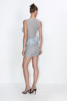 Gray fitted ruched mesh mini dress with floral appliqués by Malva Florea, featuring a stylish, figure-hugging design.