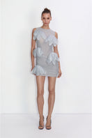 Gray fitted ruched mesh mini dress with floral appliqués by Malva Florea, featuring a stylish, form-fitting design.