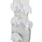 Gray fitted ruched mesh mini dress with floral appliqués by Malva Florea, featuring a stylish and elegant design.