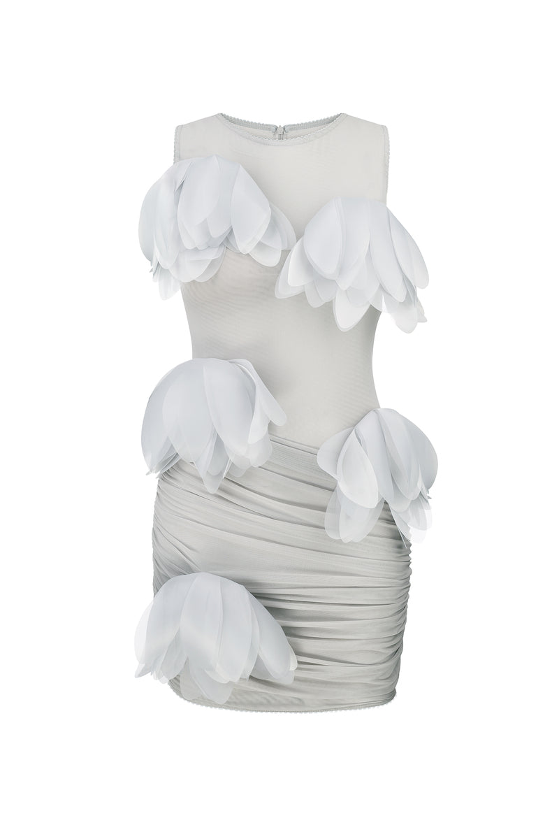 FITTED RUCHED MESH DRESS WITH FLORAL APPLIQUÉS IN GRAY