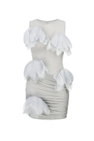Gray fitted ruched mesh mini dress with floral appliqués by Malva Florea, featuring a stylish and elegant design.