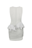 Gray fitted ruched mesh mini dress with floral appliqués by Malva Florea, showcasing a stylish and textured design.