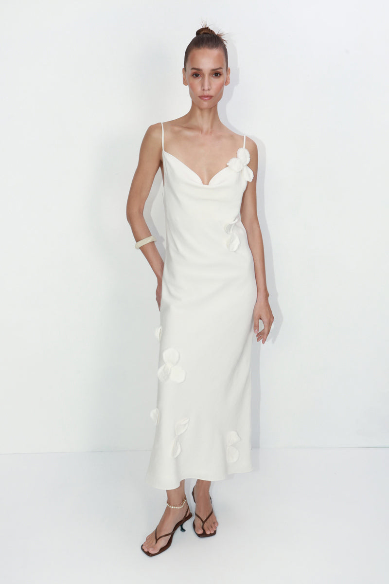 SLIP MIDI DRESS IN WITH FLORAL PETALS IN IVORY