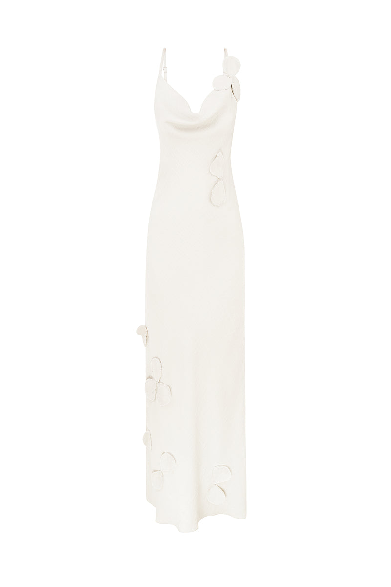SLIP MIDI DRESS IN WITH FLORAL PETALS IN IVORY
