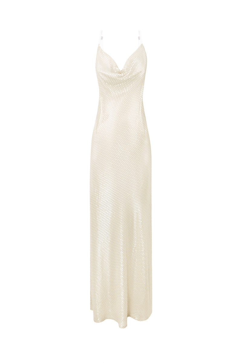 SLIP MIDI DRESS IN WITH FLORAL PETALS IN BEIGE