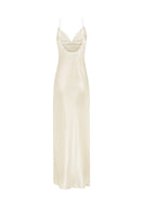 Beige slip midi dress by Malva Florea with floral petal detailing, stylish and elegant for summer or special occasions.