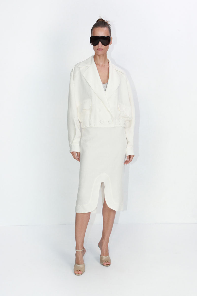 HIGH-RISE MIDI SKIRT IN IVORY