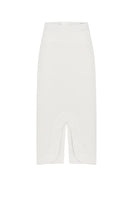Ivory high-rise midi skirt by Malva Florea featuring a flowy design and subtle pleats, shown on a mannequin.