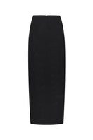 Black fitted maxi skirt by Malva Florea, showcasing a sleek, form-fitting design with a comfortable waistband and flowing length.