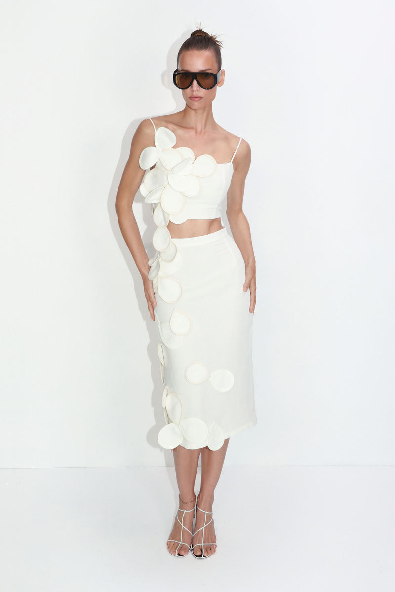 MIDI SKIRT WITH TEXTURED PETALS IN IVORY