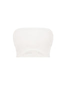 Ivory bandeau crop top from MALVA FLOREA, featuring a fitted style and minimalistic design, shown on a mannequin.