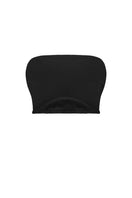 Black Malva Florea bandeau crop top, shown on a model, featuring a fitted design and strapless style perfect for casual wear.
