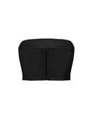 Black bandeau crop top by MALVA FLOREA, shown on a model, featuring a fitted design and seamless style for casual or summer wear.