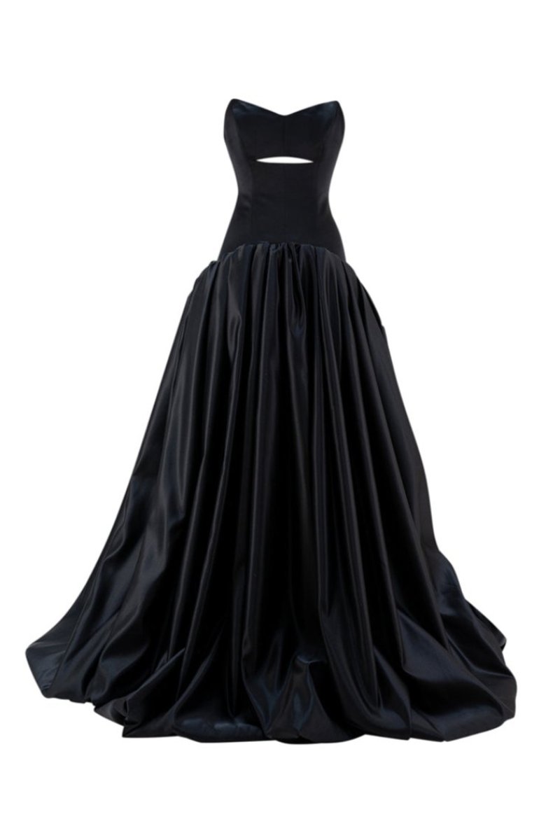 Black Monetre gown maxi dress with figure-flattering silhouette, elegant design, and flowing fabric.