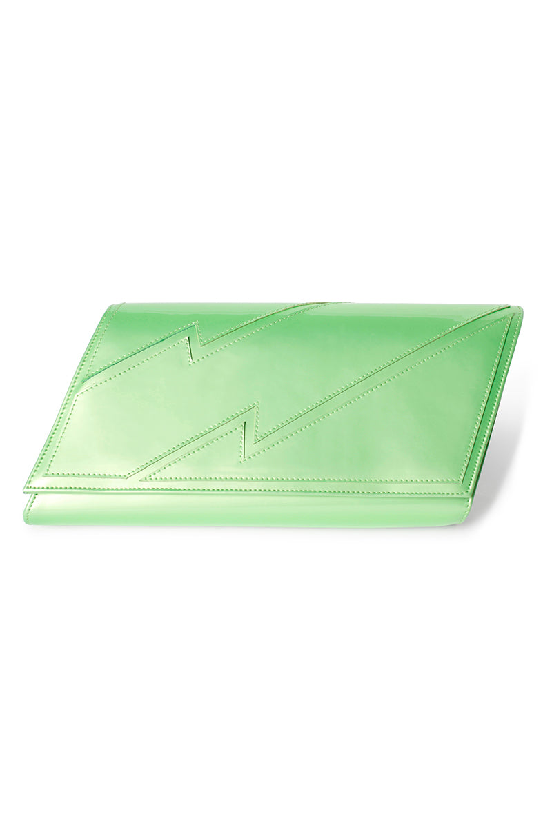 Lime green Terry de Havilland Mia clutch bag with sleek design and compact size, perfect for evening accessories.