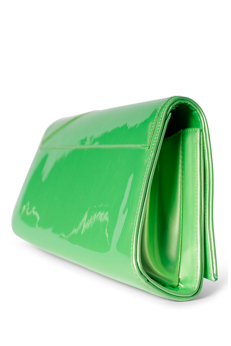 Lime green Terry de Havilland MIA clutch bag with sleek design, featuring a compact shape and stylish finish.