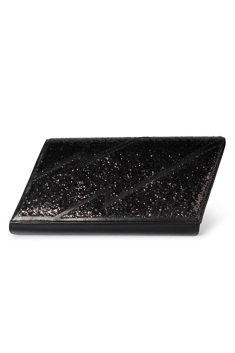 Black glitter Terry de Havilland Mia clutch bag with a sleek, compact design and elegant metallic accents.