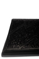 Black glitter clutch bag by Terry de Havilland, stylish evening accessory with a sleek, shimmering finish.