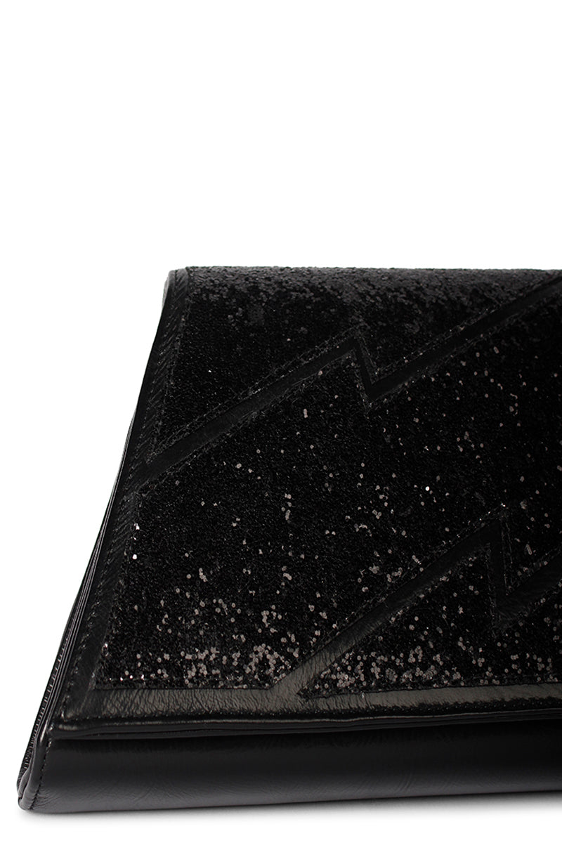 Black glitter clutch bag by Terry de Havilland, stylish evening accessory with a sleek, shimmering finish.