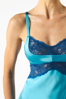 Silk chemise nightgown in cerulean color from NK IMODE's Morgan Cradle Bust collection, featuring a delicate, elegant design.