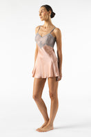 NK Imode Mireille baby doll silk chemise in rose gold, featuring delicate lace details and a soft, luxurious fabric.