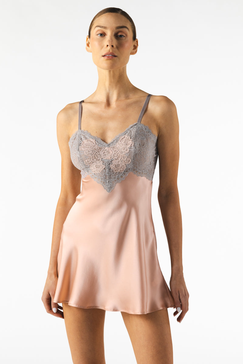NK IMODE Mireille silk chemise in rose gold, elegant nightgown with delicate satin fabric and lace details, ideal for bedtime.